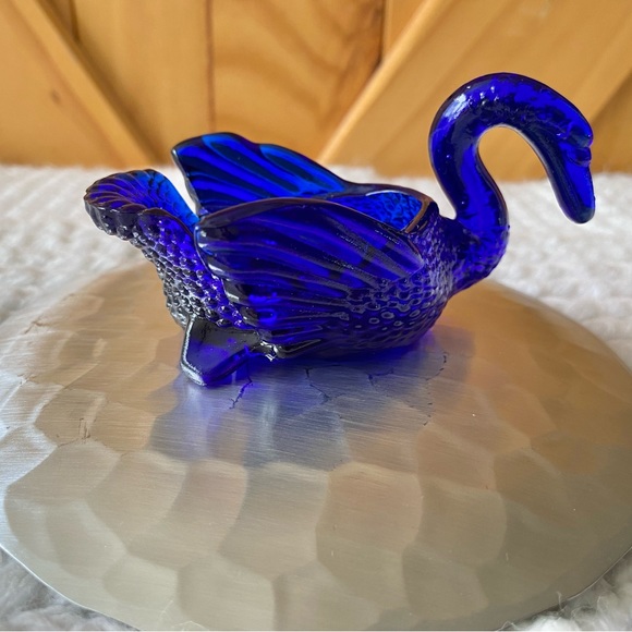 Vintage Small Cobalt Blue Glass Swan Trinket Bowl Dish Salt Cellar - Picture 8 of 11